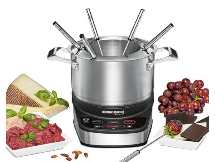 ROMMELSBACHER Set à fondue électrique F 1200 – Casserole à fondue en acier inoxydable (2\,5 litres)\, 6 fourchettes à fondue\, 3 programmes\, câble extra long\, haute précision de température\, 1200 W
