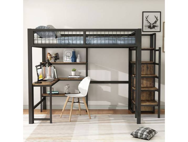 Lit mezzanine - AUTREMENT - 140x200 cm - Noir - Bureau intégré - Armoire intégrée