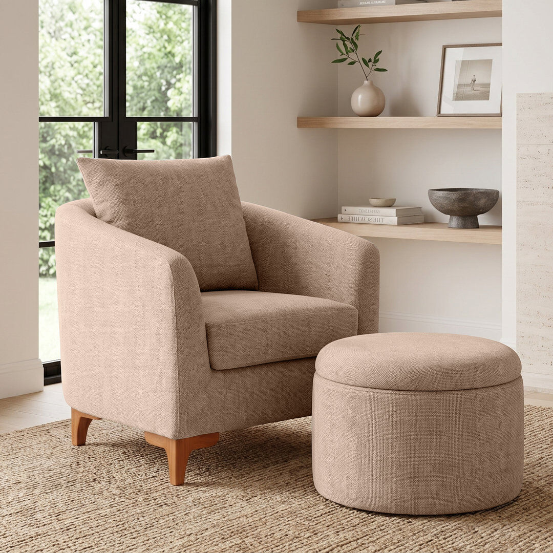 ClassicLiving Upholstered Barrel Chair With Footstool Nutmeg Chenille 81cm H X 76cm W X 75cm D