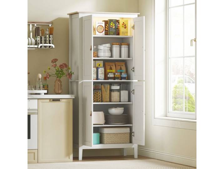 CollaHausse Buffet de Cuisine Haut 177 cm Éclairage LED 3 Couleurs Étagères Réglables Blanc