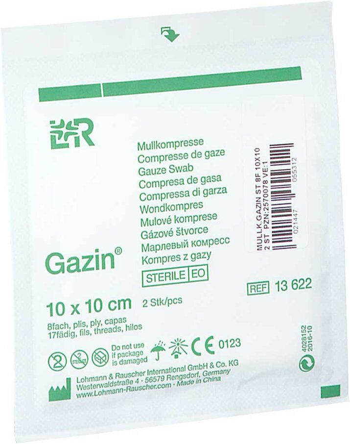Gazin Mullkompresse steril 10 x 10 cm 8 fach 2stk