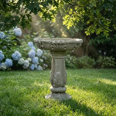 Meedzom 23.6 in Tall Vintage Leaf‑Carved Concrete Pedestal Bird Bath, Weatherproof Freestanding Decor for Lawn Patio Garden