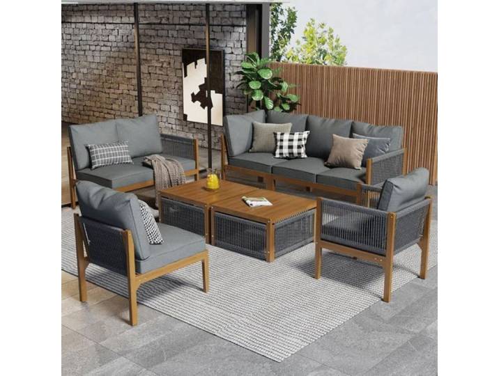 Salon bas de jardin Exterieur Mobilier de Jardin pour 7 à 8 Personnes Canape Exterieur avec Table et Chaise en Acacia Gris et Bois
