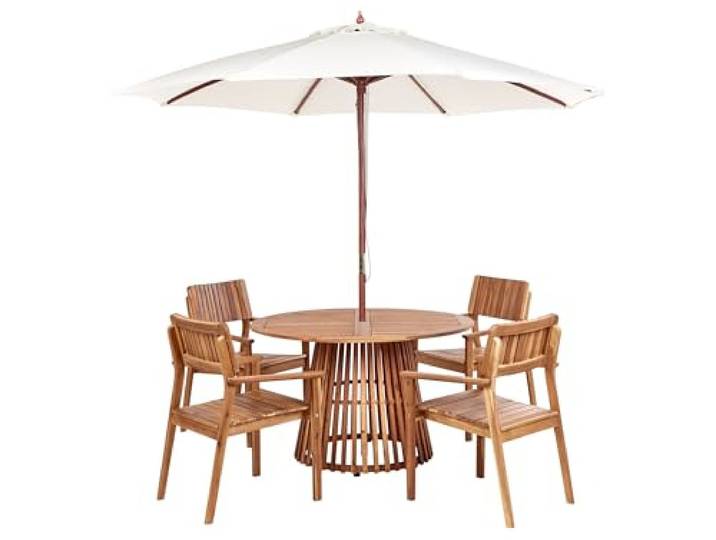 Gartenmöbel Set Akazenholz hellbraun Tisch mit 4 Stühlen und Schirm Agello