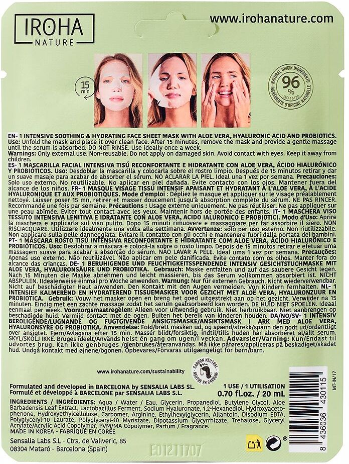 Iroha Nature Masque visage en tissu hydratant aloe + thé vert + ginseng + Ha