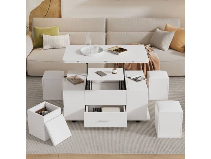 Table basse réglable en hauteur table multifonction 4-en-1 transformable en table à manger tiroirs 4 tabourets blanc