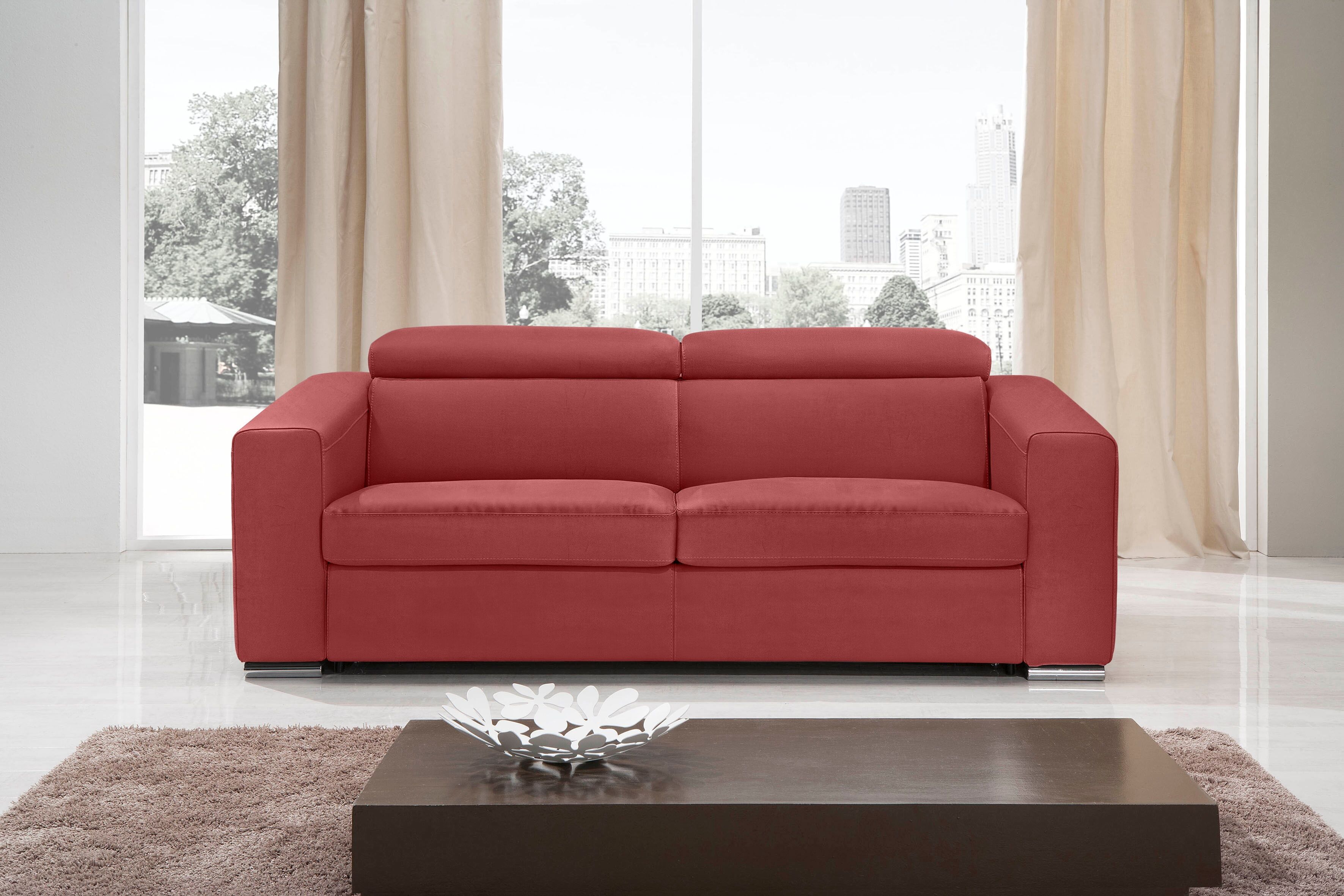 Schlafsofa EGOITALIANO "Cabiria, Design und super Sitz- und Liegekomfort", rot (marsala), B:226cm H:97cm T:103cm, Luxus-Micofaser Lederoptik (100% Polyester) ist ein neues technisches Gewebe mit einem visuellen und taktilen Aspekt, der dem Nubuk sehr nahe