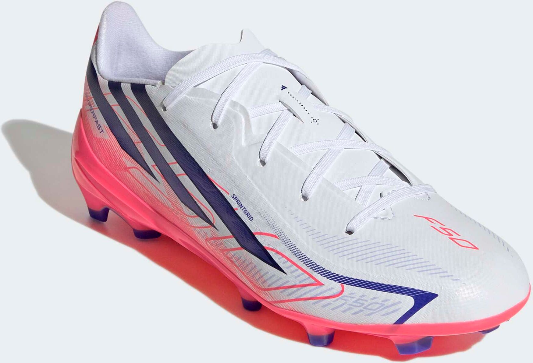 Fussballschuh ADIDAS PERFORMANCE "F50 HYPERFAST LEAGUE KIDS, FESTE BÖDEN", Jungen, Gr. 34, pink (cloud weiß, solar lila, solar turbo), Synthetik, Schuhe Fussballschuh, für Rasen und feste Böden, gespielt bei der WM cloud weiß, solar lila, solar turbo 34