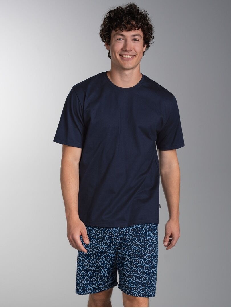 Schlafanzug TRIGEMA "TRIGEMA Shorty-Pyjama mit Smiley-Muster", Herren, Gr. M, blau (navy), Single Jersey, 100% Baumwolle, Homewear-Sets Schlafanzug