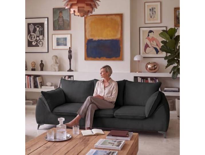 Muffo 3-Sitzer Sofa Melani mit Kissen Schwarz freistehendes Sofa, 3-Sitzer, Wohnzimmer, Polstersofa, Metallfüße