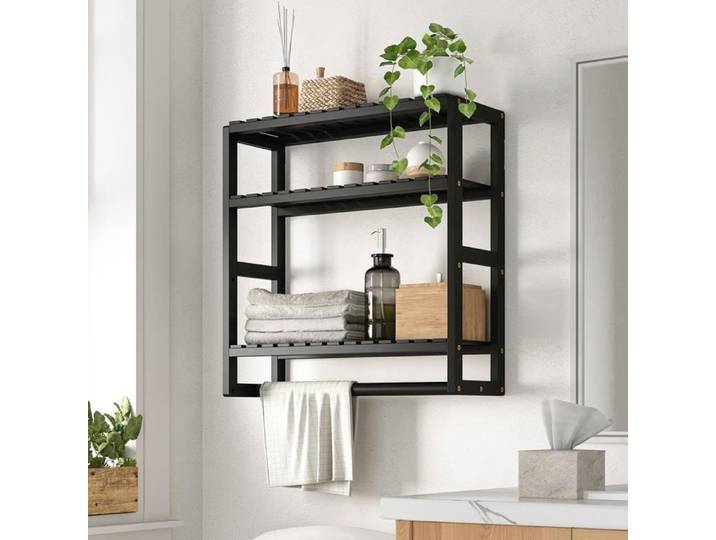 Étagère d'angle murale salle de bain - 3 niveaux rangement toilettes avec porte-papier et support serviettes noir
