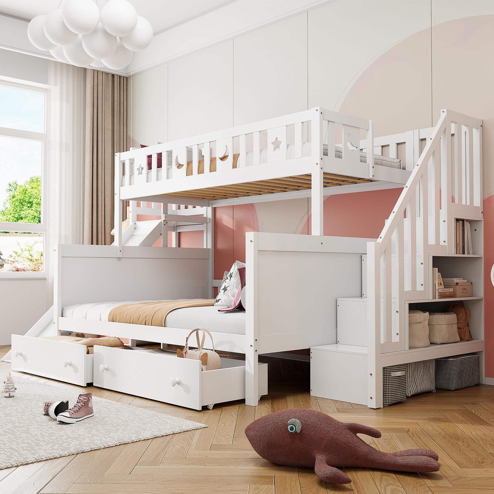 Sweiko Kinderbett 90x200/140x200 cm, Massivholz-Etagenbett mit Rutsche und Regal mit Sicherheitsstufen, zwei großen Schubladen und Lattenrost, weiß