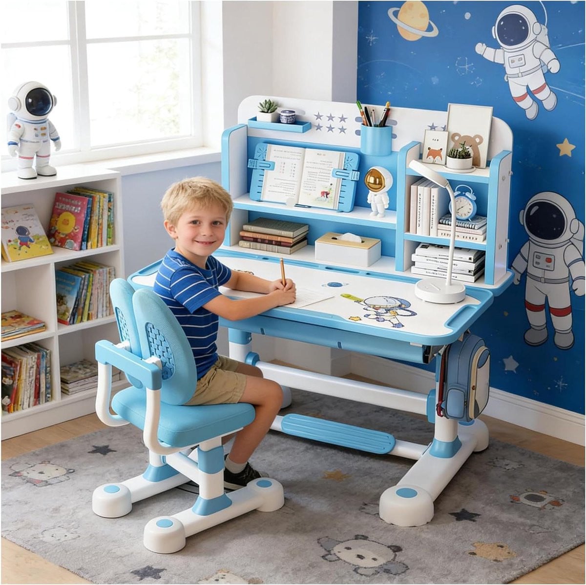 Blauwe Kinderbureau Stoelenset met Verstelbare Hoogte en Kantelbaar Blad - Breedte: 80 cm