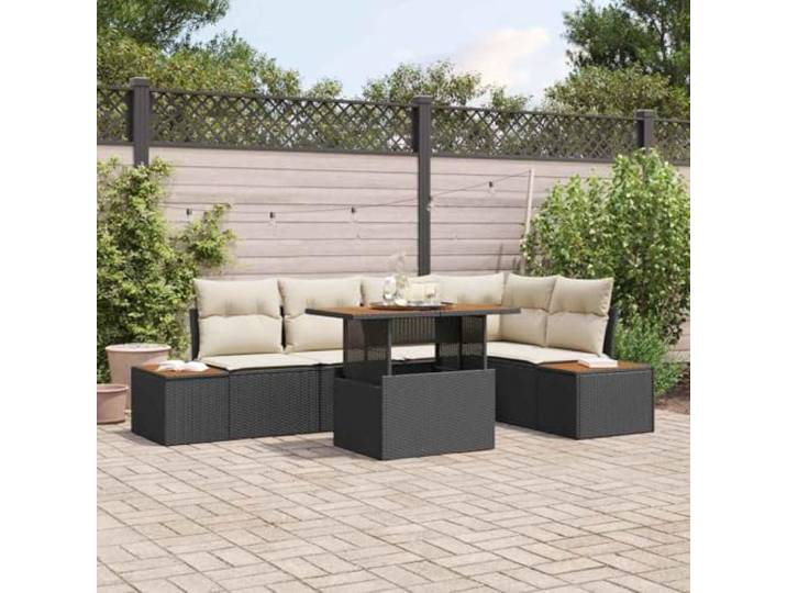HEFZGDB Poly Rattan Essgruppe Eckbank 6 pcs Garten Set mit Kissen in Schwarz und Beige für Terrasse und Patio