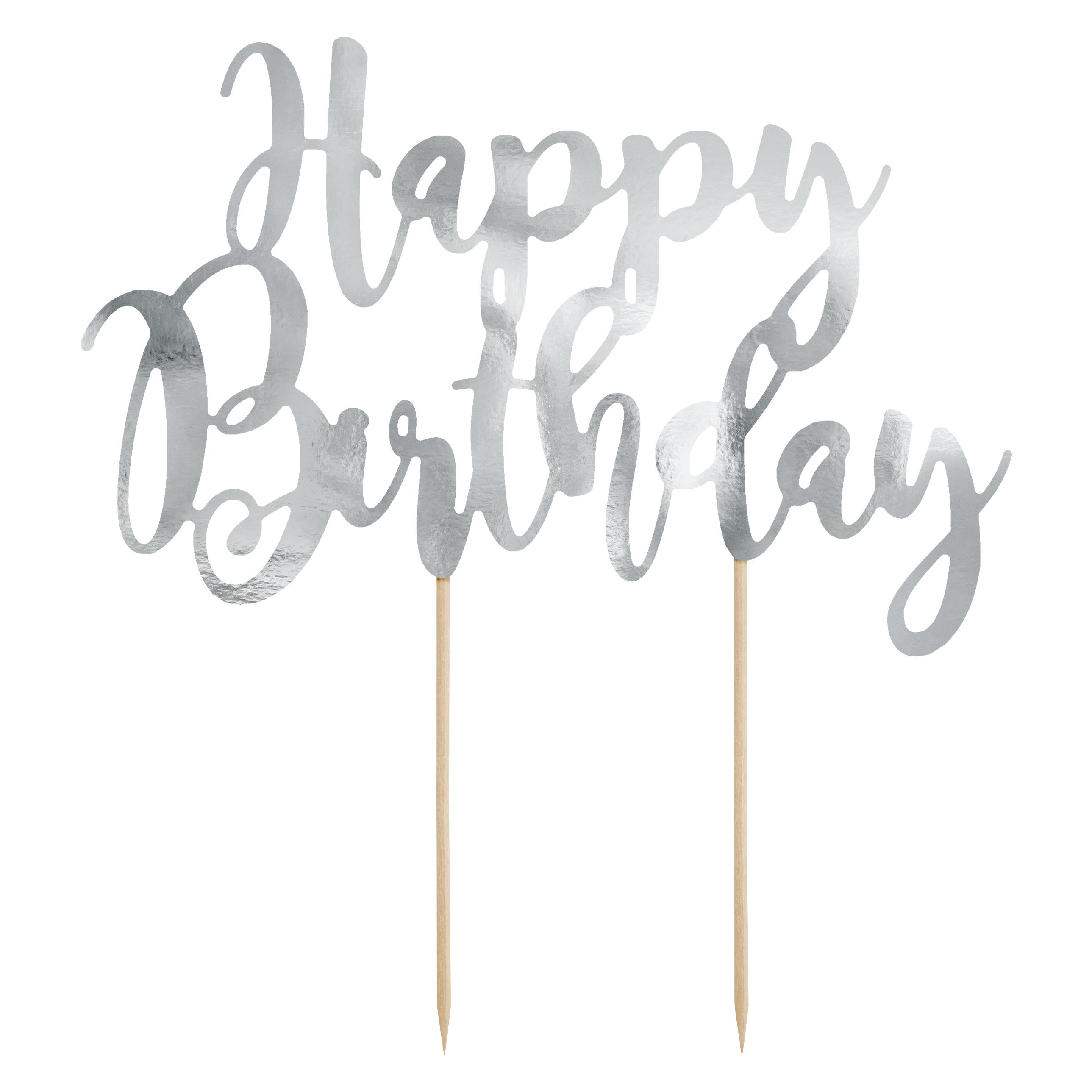 Partydeco Silberne Dekoration für "Happy Birthday"-Torte (1 Stk.) (PARX1312)