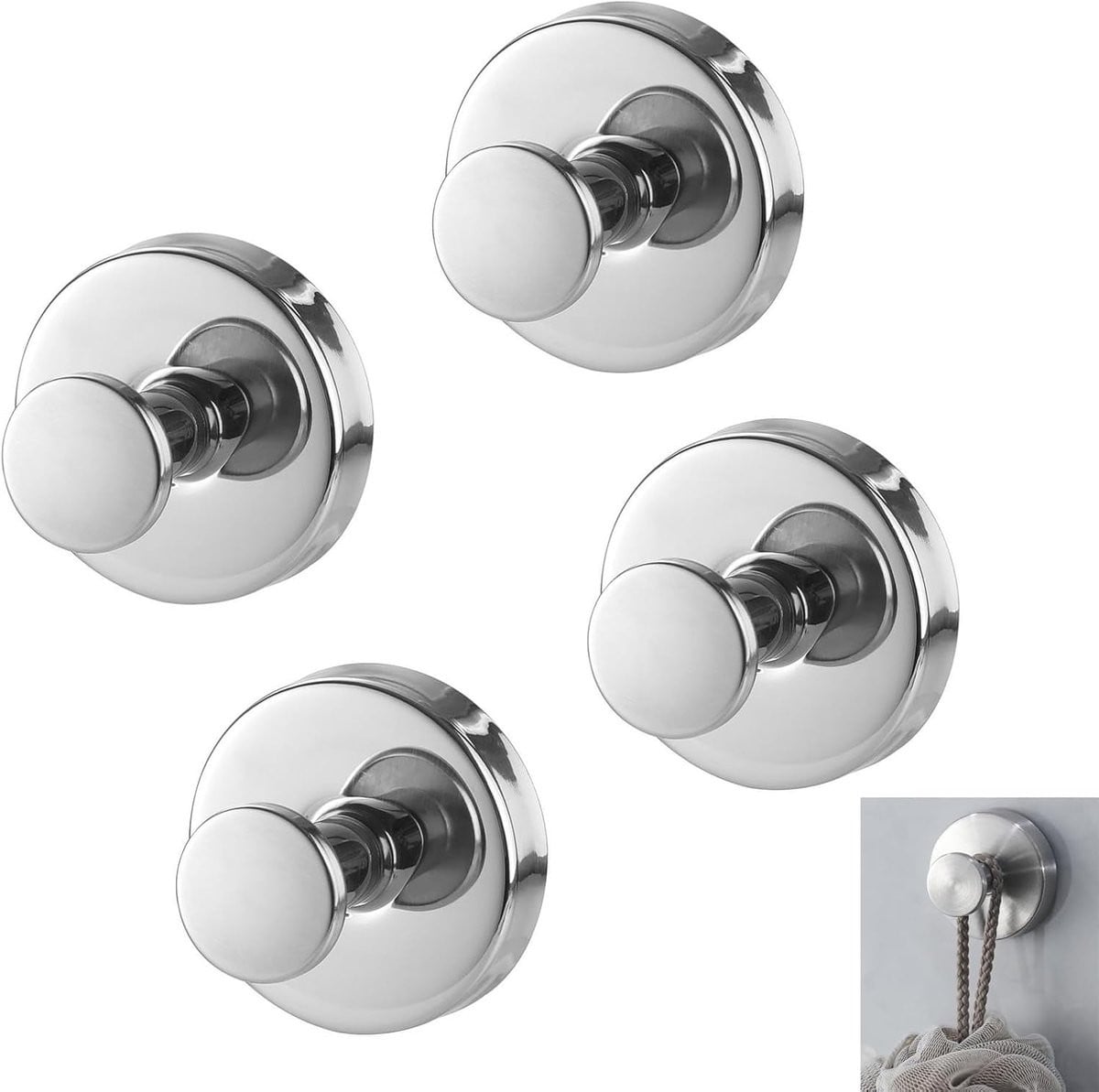 Set van 4 roestvrijstalen zuignaphaken voor badkamer en keuken, zilver