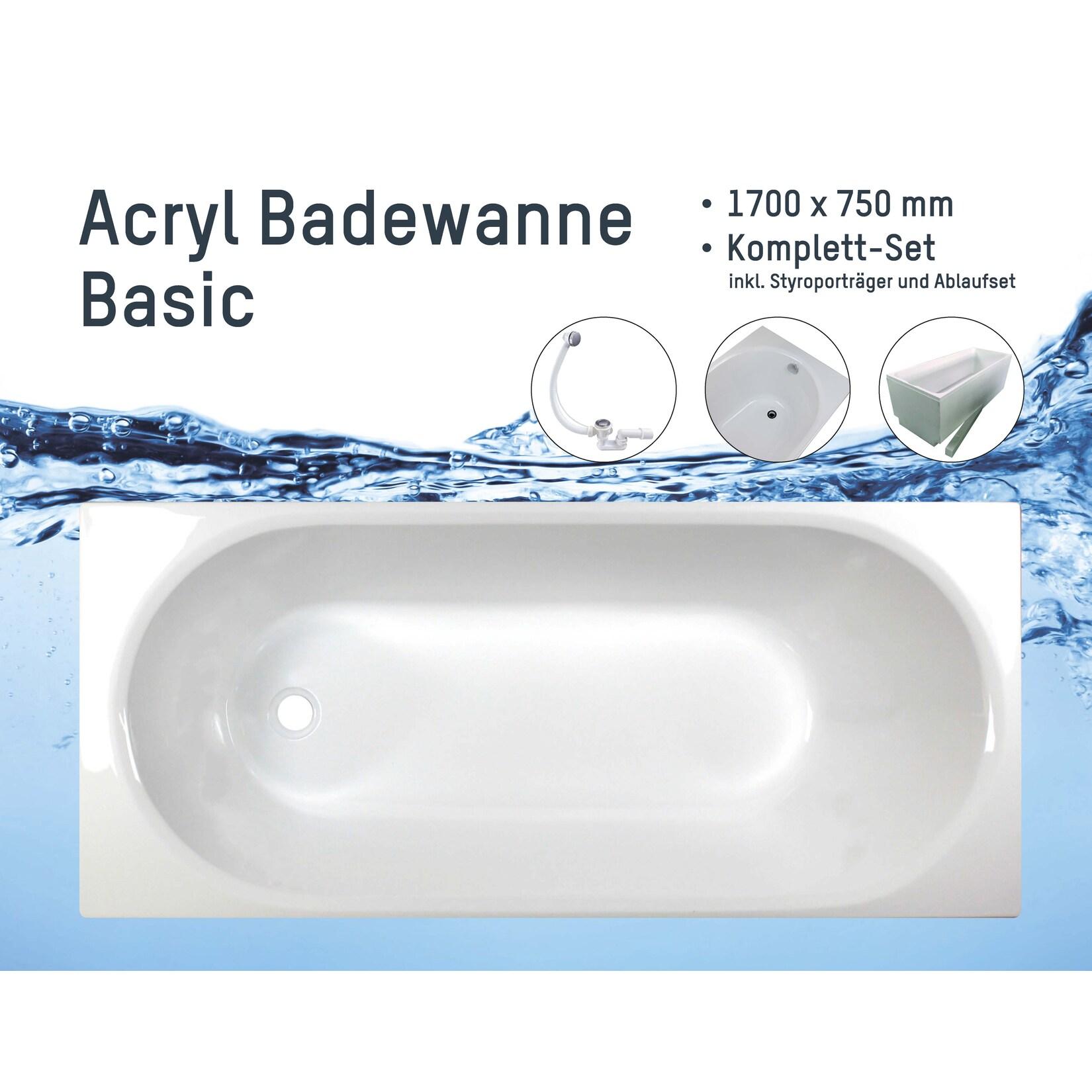 sanicomfort Badewanne Komplettset Basic Rechteck 170x75 cm mit Wannenträger und Ablaufgarnitur, Acryl-Badewanne, weiß, 1700 x 750 mm