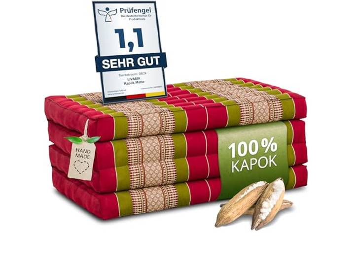 livasia Nachhaltige Klappmatratze aus Kapok - 200x80x8cm - Gästematratze, Faltbare Matratze für Van, ökologische Yogamatte, klappbares Gästebett, Liege für Garten und Balkon (Rot/Grün)