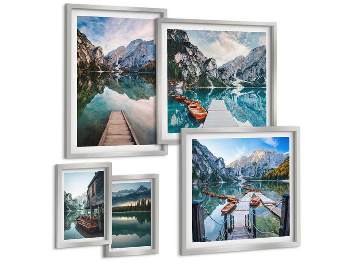 BILDER SET 5er Set - 50x50 cm & 20x30 cm & 40x60 cm Silberner Rahmen - See Berge Holzboote
