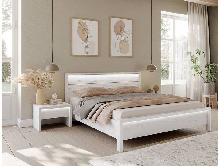 Beleuchtetes Massivholzbett Cordero 180 x 200cm Kernbuche, lackiert Weiß Buche
