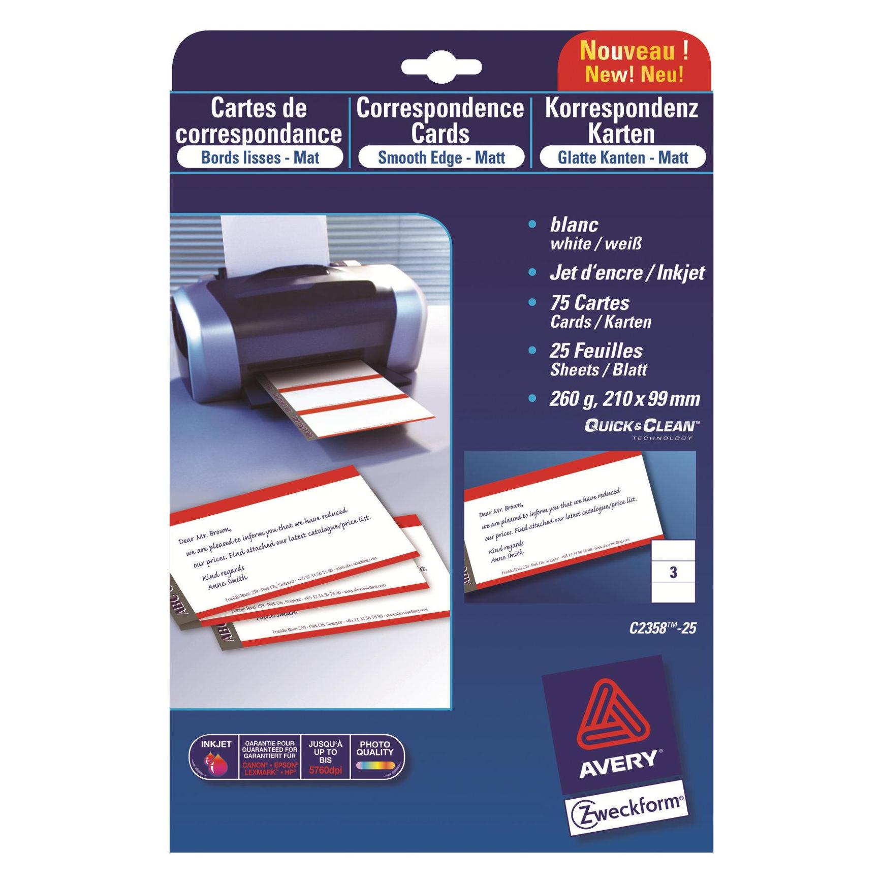 Avery Dennison Quick&Clean - Weiss - 99 x 210 mm - 220 g/m² - 75 Karte(n) (25 Bogen x 3) Visitenkarten (A4, 220 g/m²) (C2359-25)
