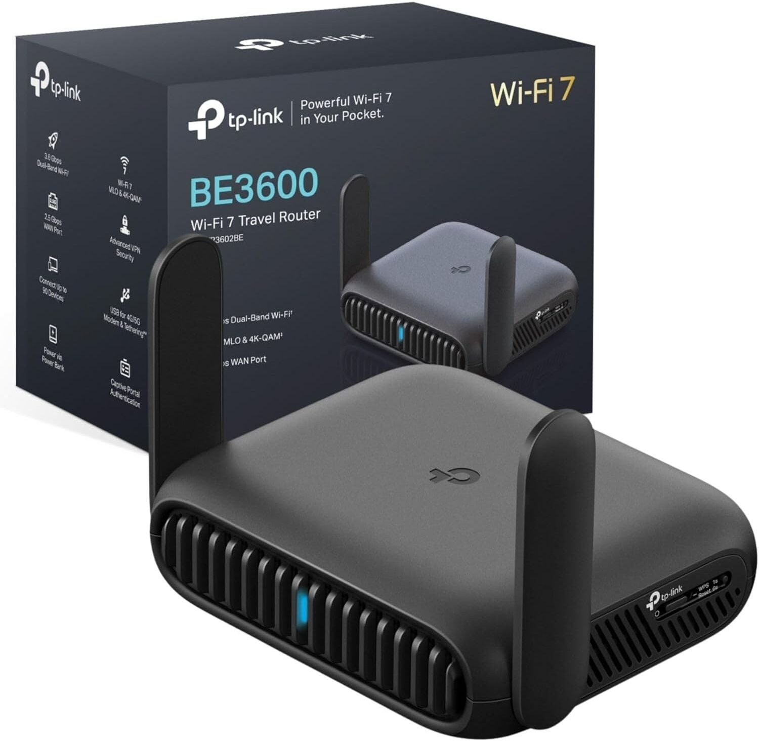 TP-LINK TL-WR3602BE BE3600Mbps Wi-Fi 7 Travel Router, USB 3.0 and 2.5 Multi-Gig WAN Ports, Portable WiFi Router, VPN Client or Server, Hotspot, Access Point, USB Tethering