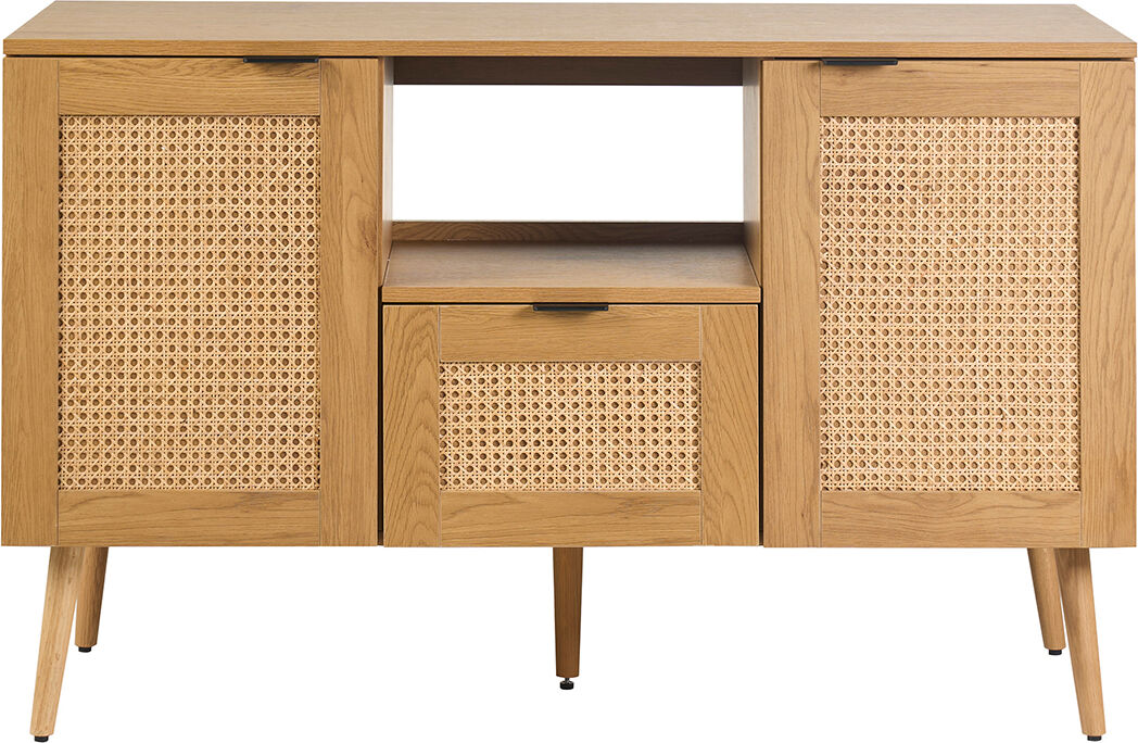 Miliboo Badezimmermöbel in heller Holzoptik, Rattangeflecht und schwarzem Metall B120 cm MANILLE