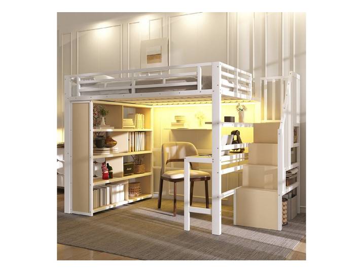 Ulife Hochbett Eisenrahmen, mit Schreibtisch, Ablagefach, LED-Lichtleiste (4-St) Treppenkonstruktionen mit Stauraum