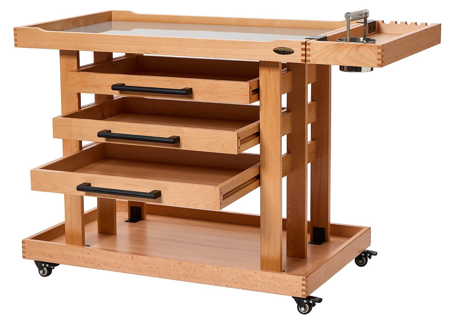 Holz-Rollwagen für Kunstbedarf, 5 Etagen, Buchenholz, 3 Schubladen