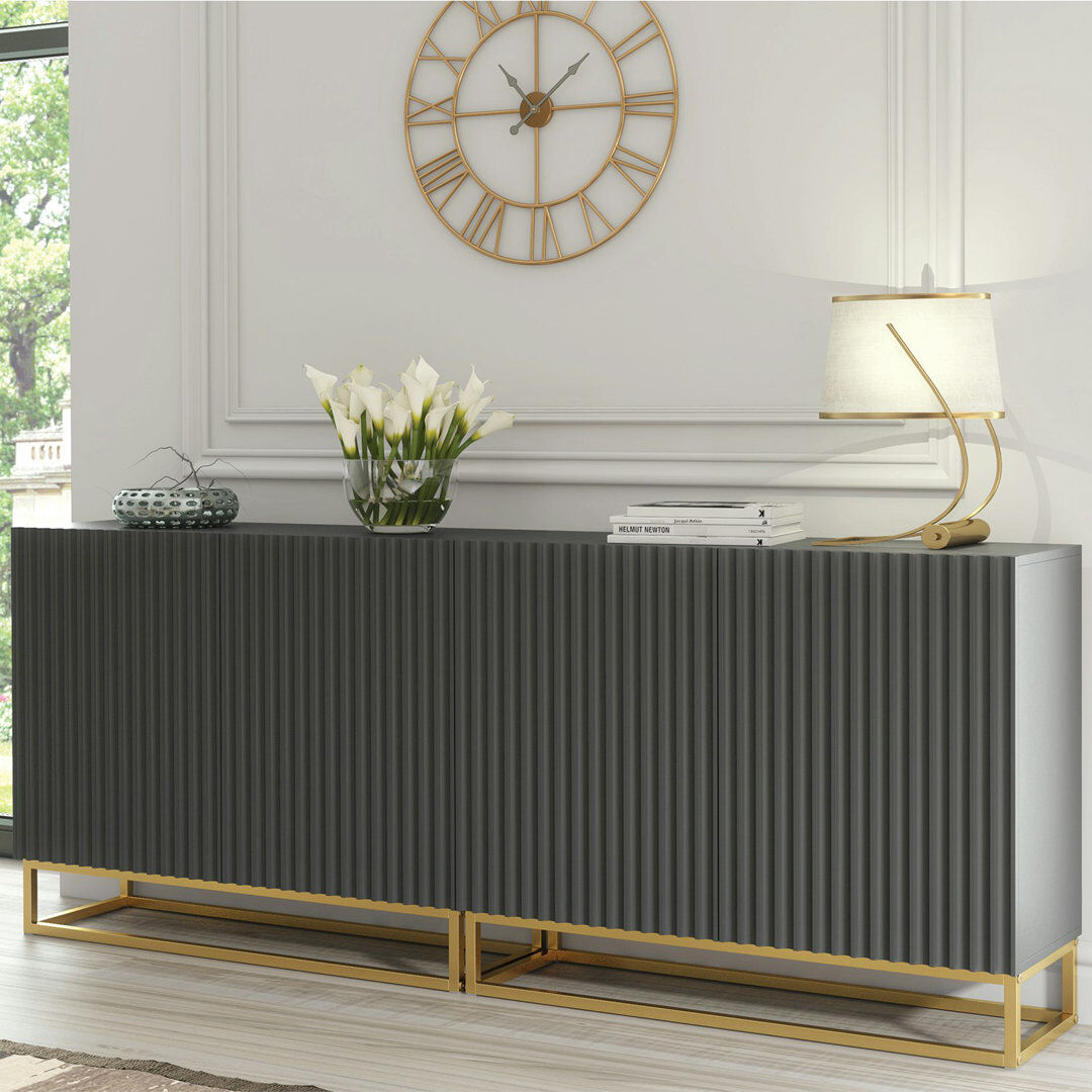 Fairmont Park Modern Sideboard with Fluted Fronts & Gold Legs – 200cm Storage Cabinet Grey 80cm H X 200cm W X 35cm D