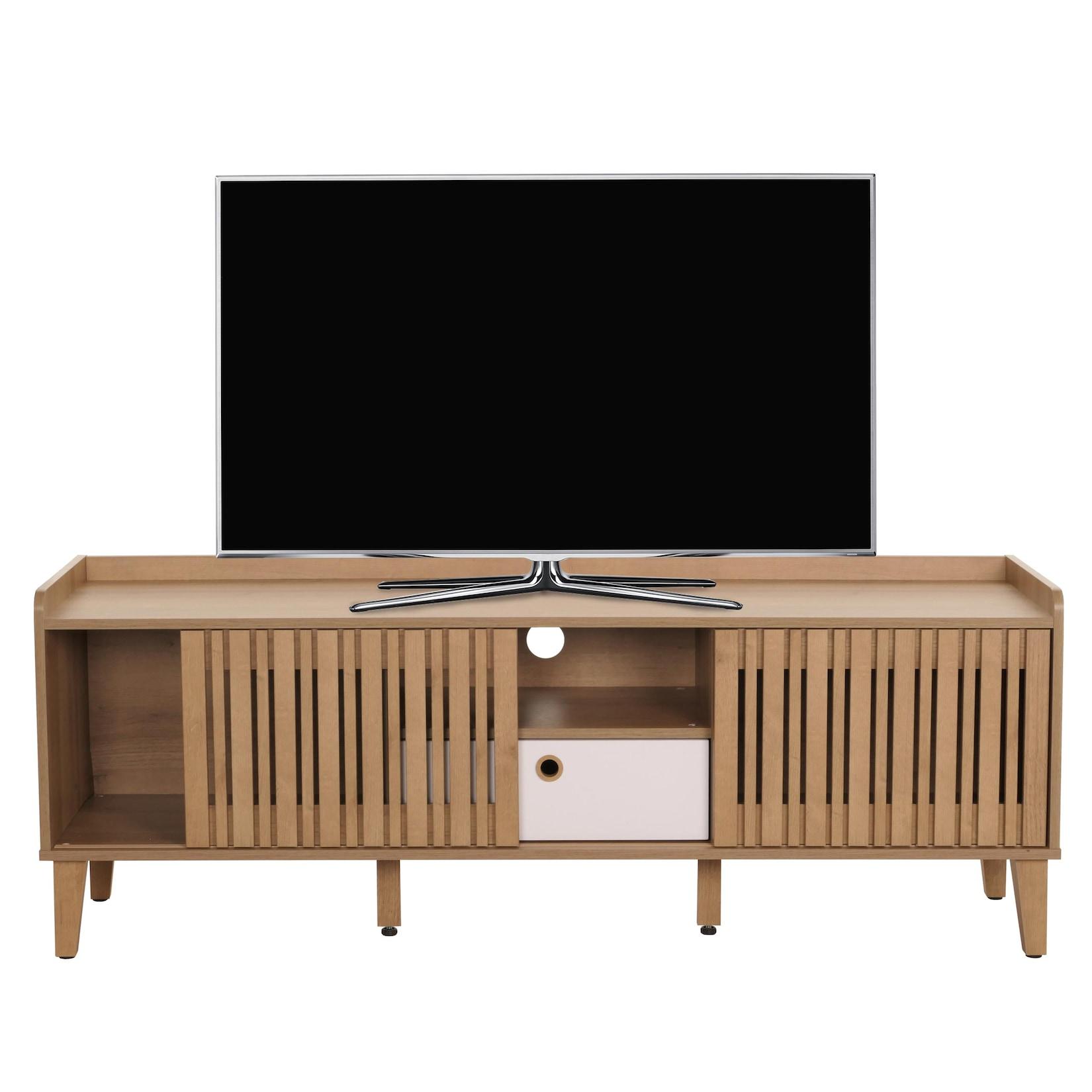 TV-Rack MCW-M48, Lowboard TV-Schrank, Schiebetür 56x150x40cm ~ natur, Schublade weiß