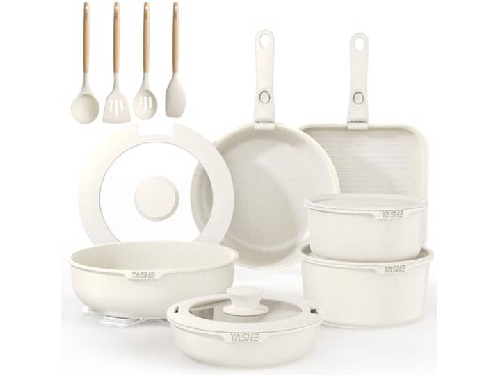 YASHE 21-teiliges Kochgeschirrset, Induktion, ungiftig, PTFE- und PFAS-frei Zwei abnehmbare Griffe und quadratische Grillpfanne; Kochgeschirrkörper ohne Griffe backofengeeignet; für alle Herdarten