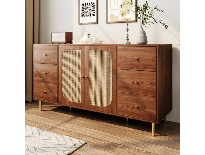 Buffet bas - MDF - Marron - 2 portes - 6 tiroirs - Étagères réglables