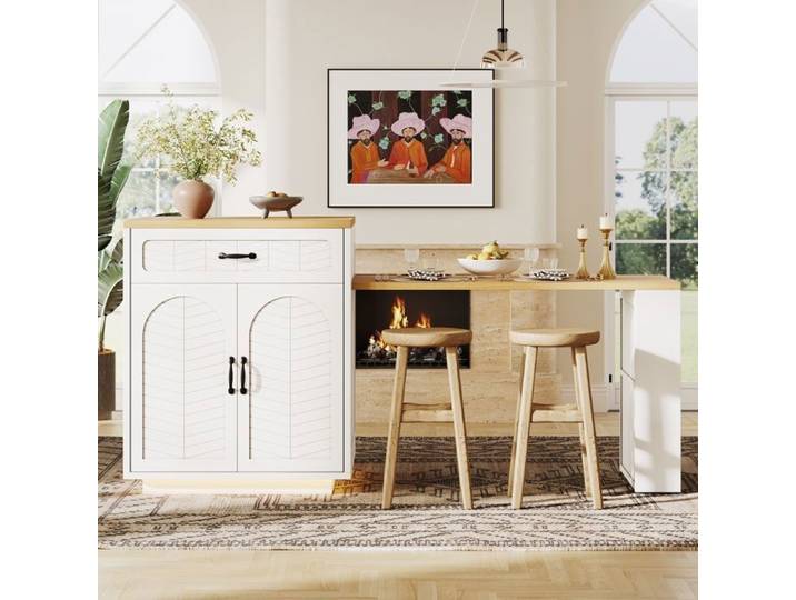 Table de bar extensible avec bandeau lumineux LED chariot de service fixe plateau coulissant 2 tiroirs 4 portes blanc