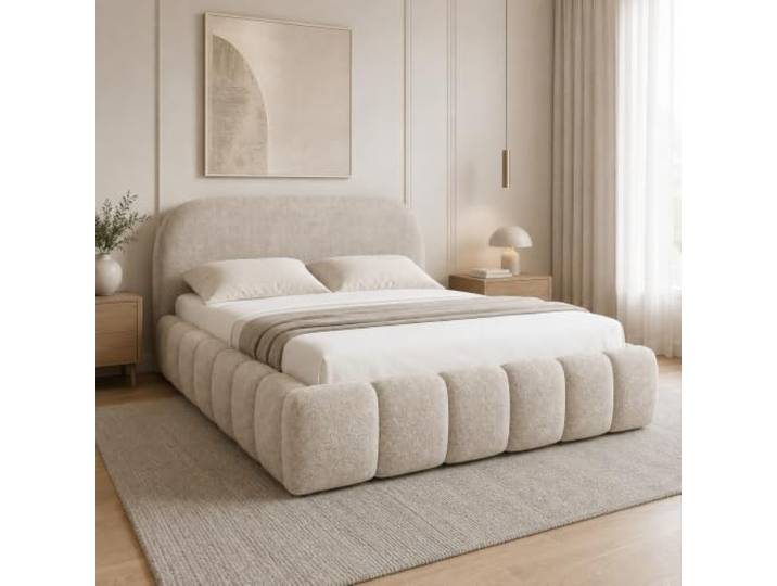 Home Collective Polsterbett Doppelbett Bett Bubble mit Stauraum und Metall-Lattenrost Schlafzimmer Jugendzimmer Möbel weicher Stoff modernes Design mit Steppung 200x200 cm Creme