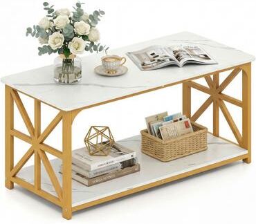Costway Coffee Table 2-Tier Center Table with Storage Shelf-White and Golden