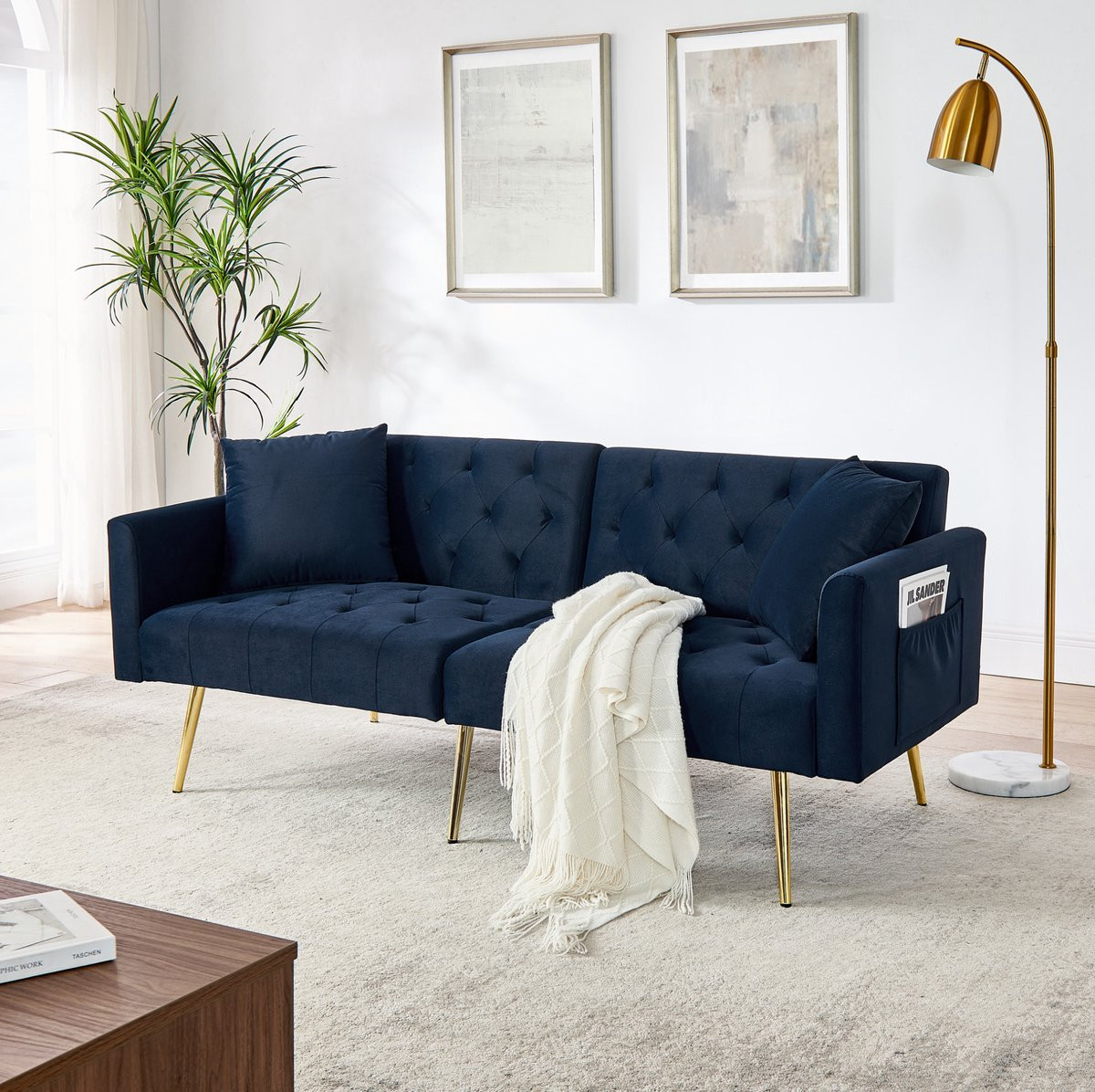 MODFU Slaapbank met verstelbare rugleuning en 2 kussens, Velvet, Blauw