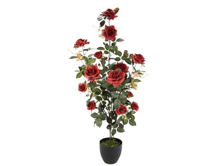 Künstlicher Rosenbusch im Topf 115 cm – Große Kunstpflanze mit roten Rosen – Edle Kunstblumen Deko für Wohnzimmer, Flur, Büro, Balkon & Terrasse – Pflegeleichter Rosenstrauch künstlich & naturgetreu