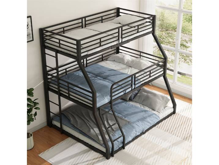 Lit Superposé Enfant Lit Superposé 3 Places 90x200 pour Triple Adolescents Adultes Cadre de Lit en Métal Noir 120x200 140x200