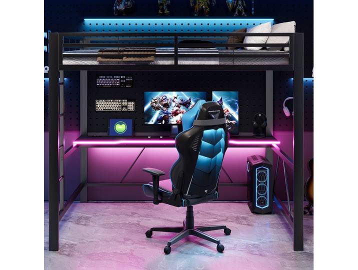 Lit mezzanine gaming – Noir – 140 x 200 cm – bureau intégré LED et USB