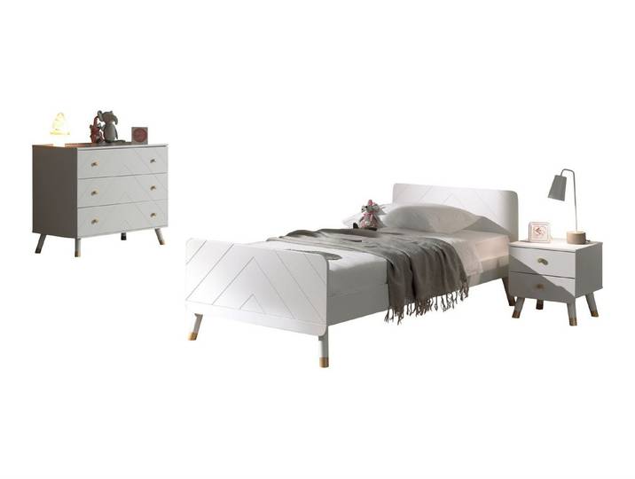 58 aufm Kessel Jugendzimmer-Set Kinderzimmer Set Kamillah Kinderzimmer komplett MDF Satin Weiß, (inkl. Versand, Lieferung bis Verwendungsstelle), Einzelbett mit diagonalen Rillen, Nachtkonsole + Kommode im Retro-Stil