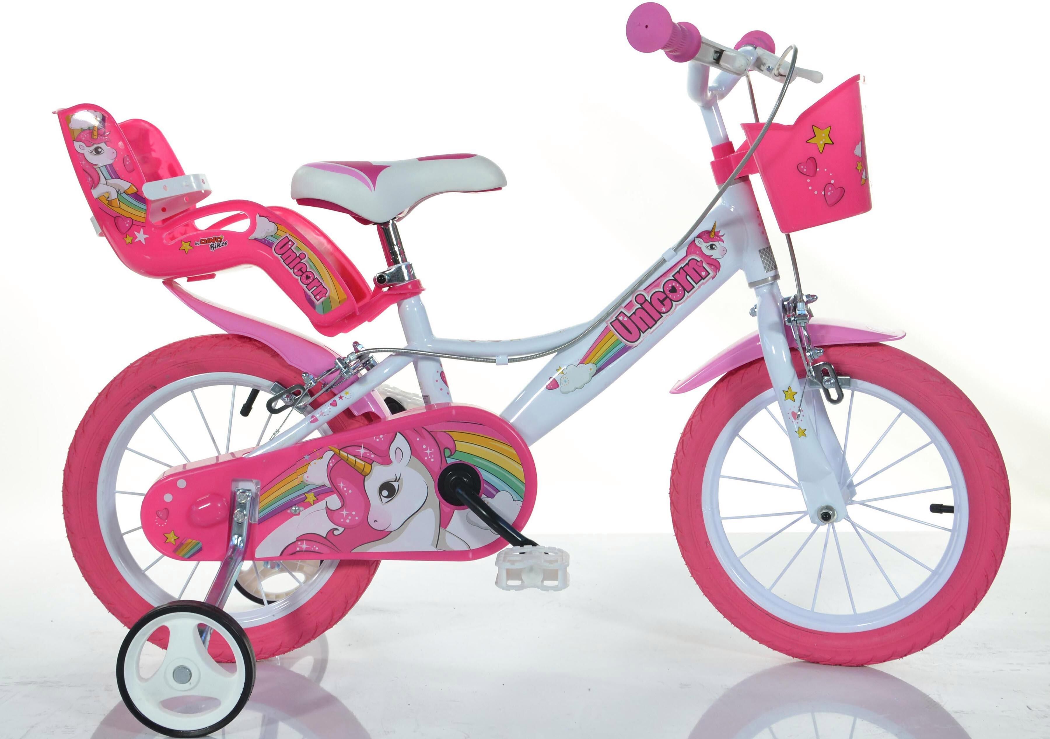 Kinderfahrrad DINO BIKES "16" Unicorn Einhorn Kinderfahrrad Mädchenfahrrad Freilauf 4–7 Jahre" Gr. 23, pink (weiß), Fahrräder, Kinder, 25cm, 14 Zoll (35,56cm), Kinderfahrrad, mit Stützrädern, Korb und Puppensitz weiß 25cm, 14 Zoll (35,56cm)