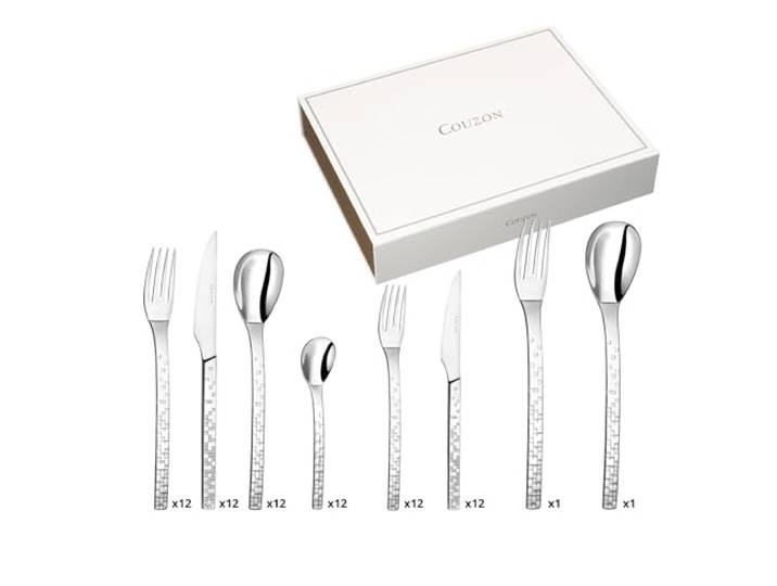 Couzon Pix'Elle 3D ménagère 74 couverts pour 12 personnes\, inox 18/10 Ménagère 74 couverts pour 12 personnes\, inox 18/10\, finition brillante\, compatible lave-vaisselle\, présentée en coffret