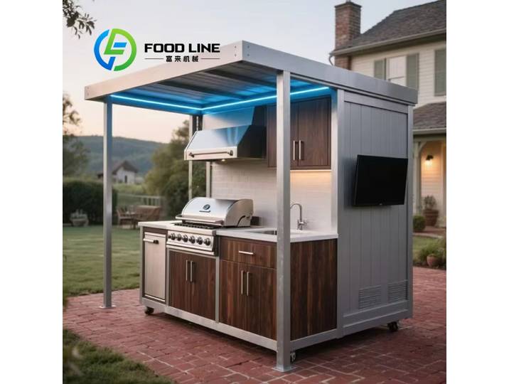 Abri modulaire personnalisé résistant aux intempéries avec cuisine extérieure intégrée, doté d'un barbecue et d'un évier