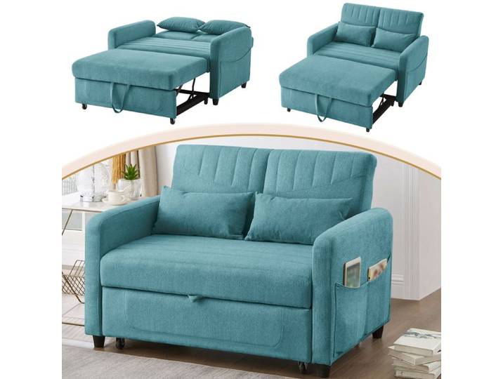 Canape Lit 2 Places Convertible - Fauteuil-lit avec 2 Coussin - Chaise Longue - Coussin - Réglable - Rangement - Roues - Bleu