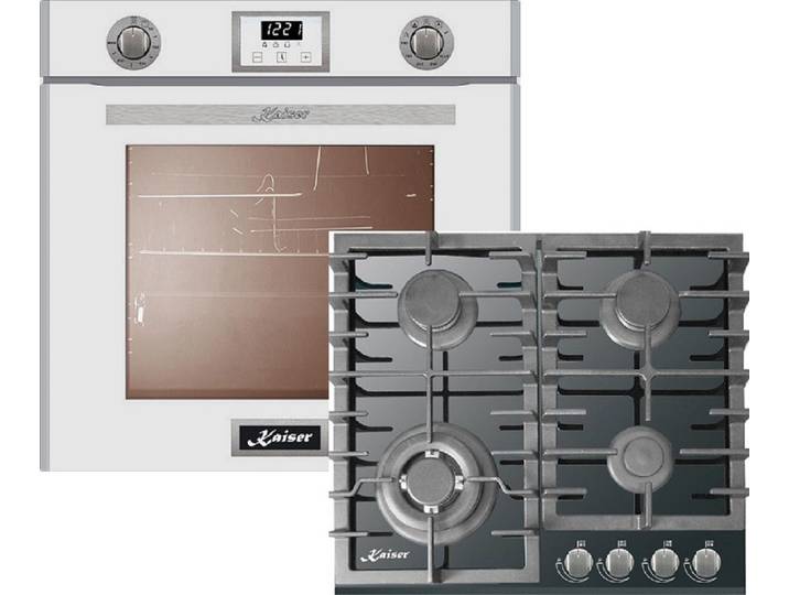 Kaiser Küchengeräte Backofen-Set Herd Set Autark Einbau-Backofen 60cm in Weiß/Gas Backofen+Gas-Kochfeld 60 cm EG 6374 W + KCG 6383., mit 1-fach-Teleskopauszug, Einbau-Backofen 60cm in Weiß/Gas Backofen+Gas-Kochfeld 60 cm