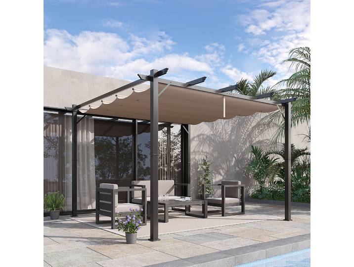 Outsunny Pergola Pavillon Terrassenüberdachung avec Toit Coulissant Jardin Aluminium Gris Charbon+Marron Café 3x3x2,23 m