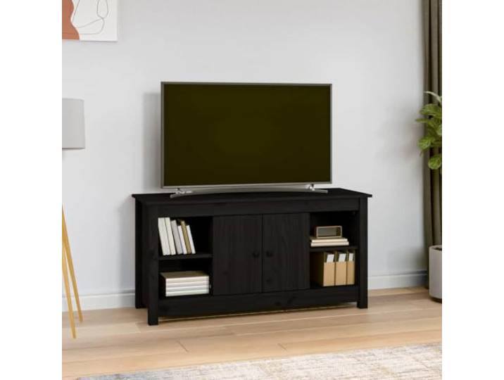 HEFZGDB TV-Schrank Schwarz 103x36,5x52 cm Massivholz Kiefer mit 4 offenen Fächern und 2 Türen, Stauraum Möbel für Wohnzimmer, Stabiler Holzrahmen, rustikales Design,