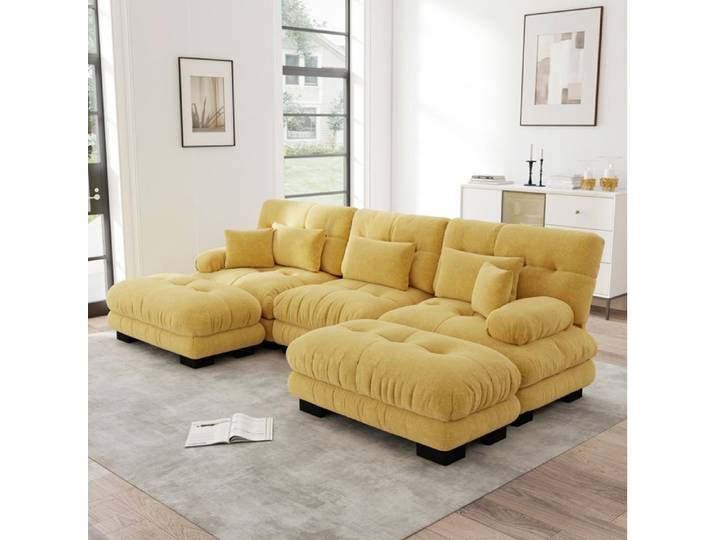 Canape D Angle Modulable En Chenille Jaune Canape En U Vintage FloraGrace Pour Salon Avec Ottomans Mobiles 313x145x81cm