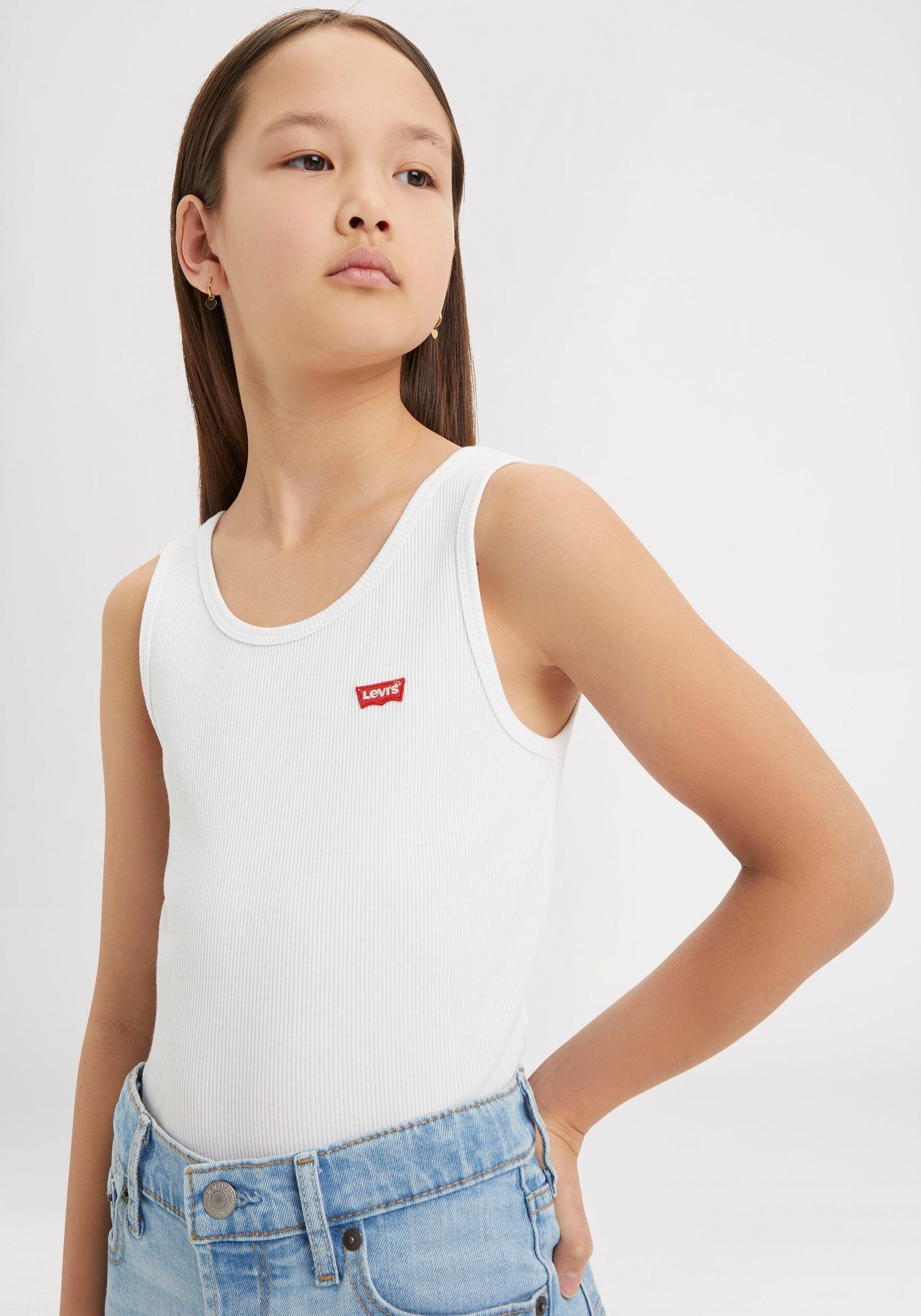 Ripptanktop LEVI'S KIDS "LVG MEET AND GREET RIBBED TANK", Mädchen, Gr. 14 (158), weiss (hellweiß), Obermaterial: 95% Baumwolle, 5% Elasthan, unifarben, Rundhals, Tops Ripptanktop, for GIRLS hellweiß 14 (158)